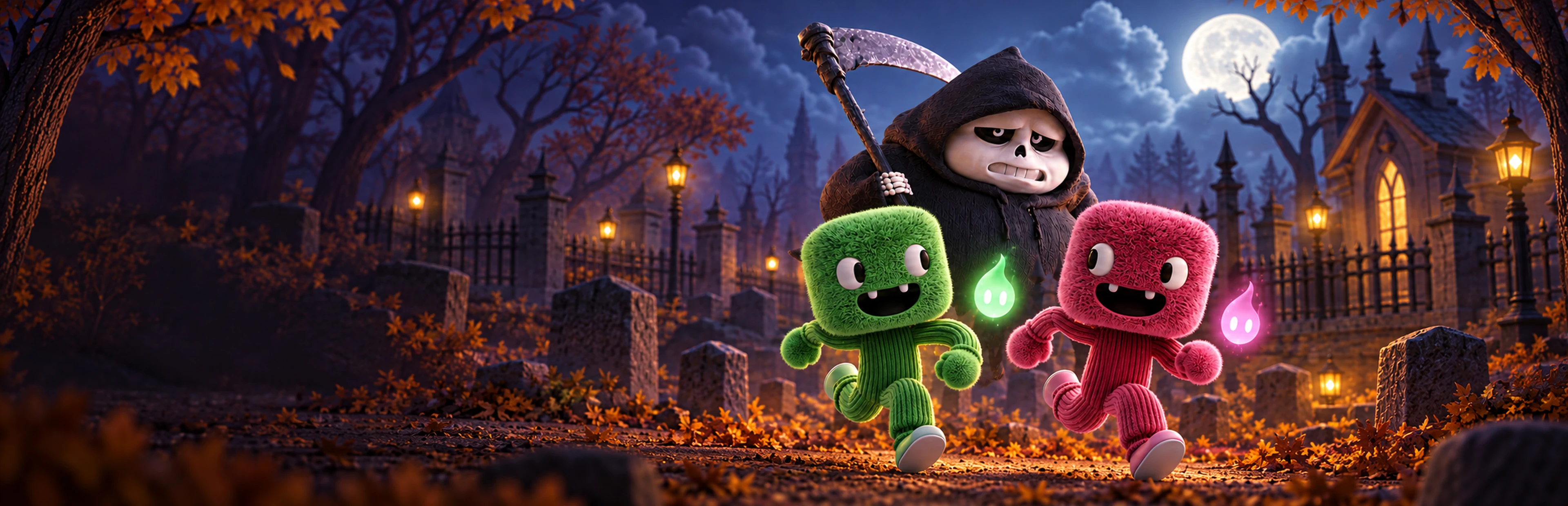 Silly Souls artwork: two colorful Sillies flee a scythe-wielding Reaper through a moonlit graveyard
